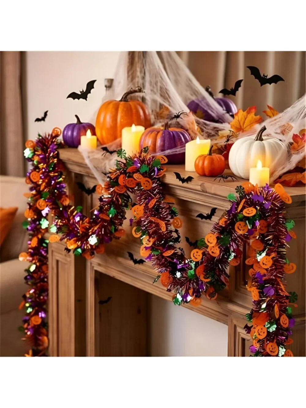 Halloween Garland Decorations Glitter Tinsel Orange Pumpkin Black Bats Purple